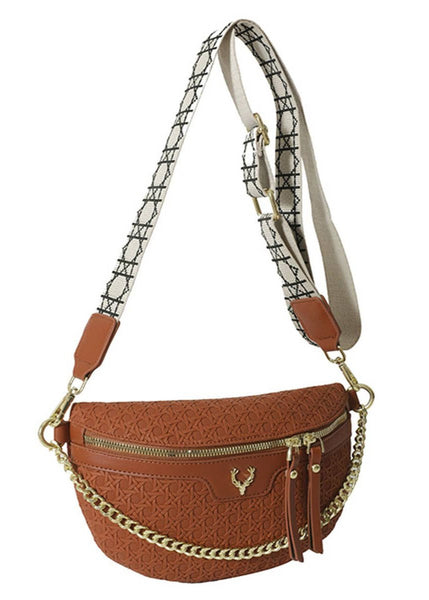 Oh Deer Faux Woven Cross Body Sling Bag in Camel