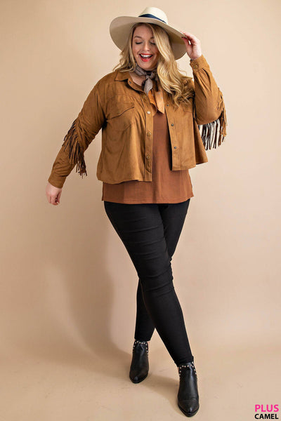 Plus Size Faux Suede Western Fringe Jacket