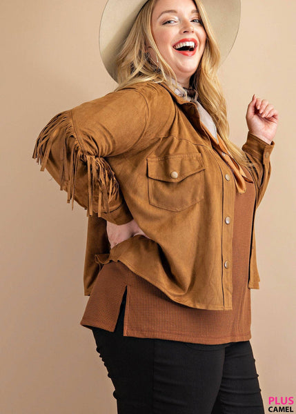 Plus Size Faux Suede Western Fringe Jacket