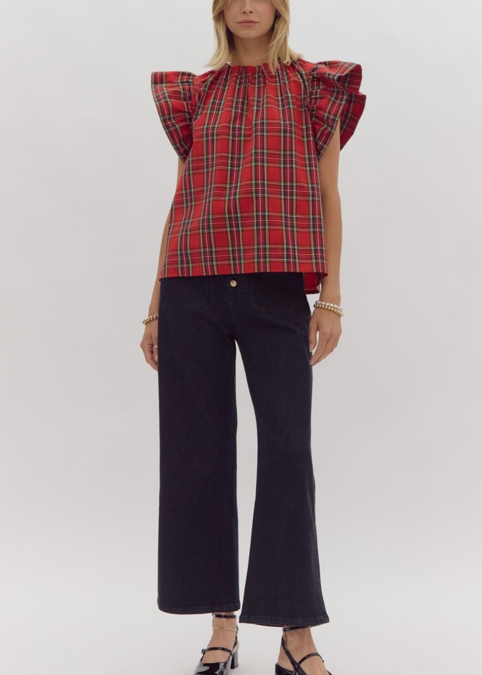 Holiday Red Plaid Ruffle Sleeve Top