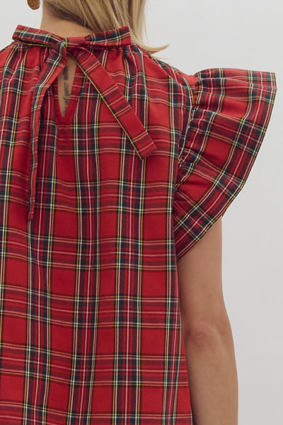 Holiday Red Plaid Ruffle Sleeve Top