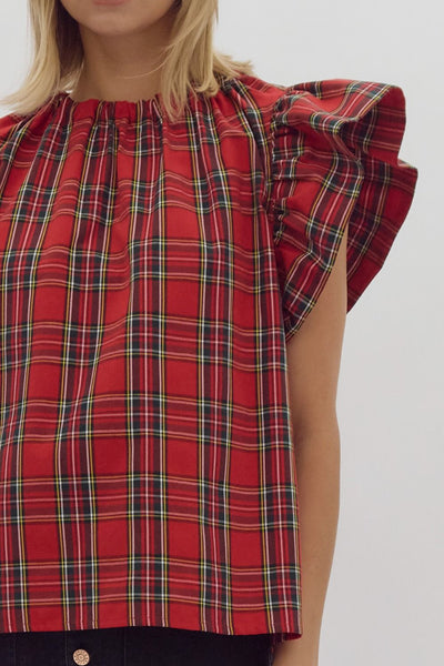 Holiday Red Plaid Ruffle Sleeve Top