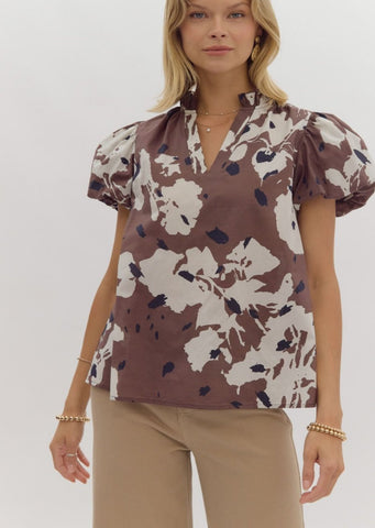 Espresso Print Puff Sleeve Poplin Top