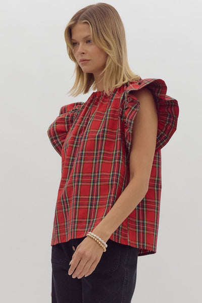 Holiday Red Plaid Ruffle Sleeve Top