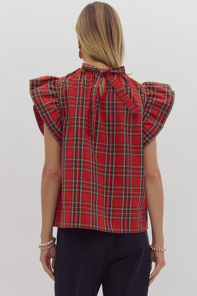 Holiday Red Plaid Ruffle Sleeve Top