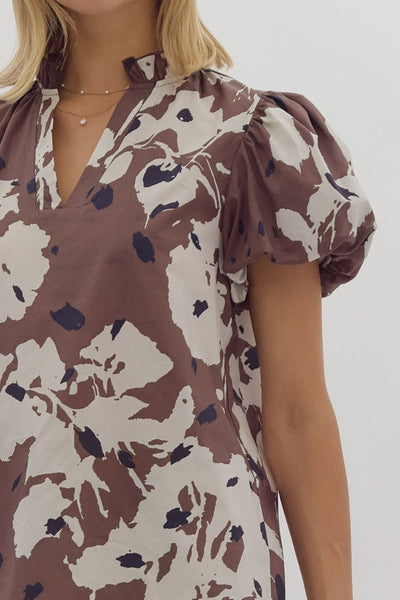 Espresso Print Puff Sleeve Poplin Top