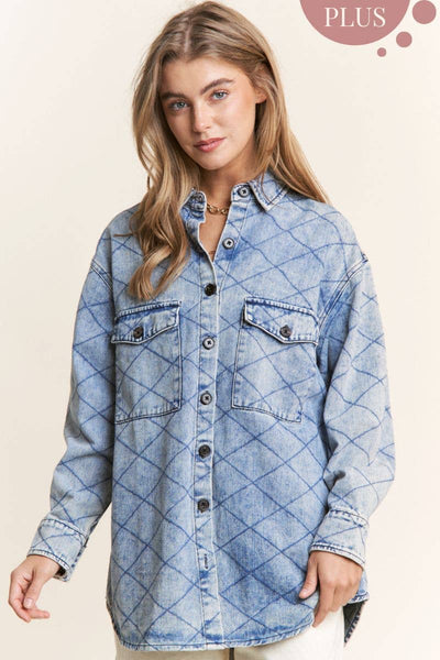 Plus Size Denim Quilt Stitch Jacket/Shacket