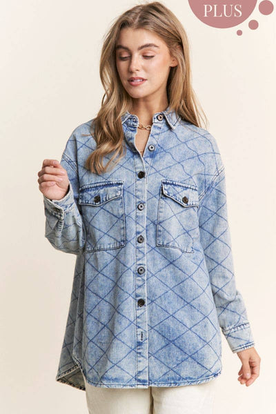 Plus Size Denim Quilt Stitch Jacket/Shacket