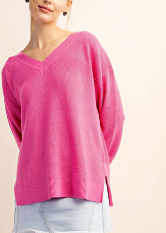 Hot Pink Waffle Texture Lightweight V-neck Sweater