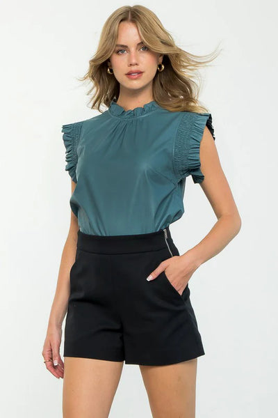 Ruffled Vegan Leather Top in Teal Blue