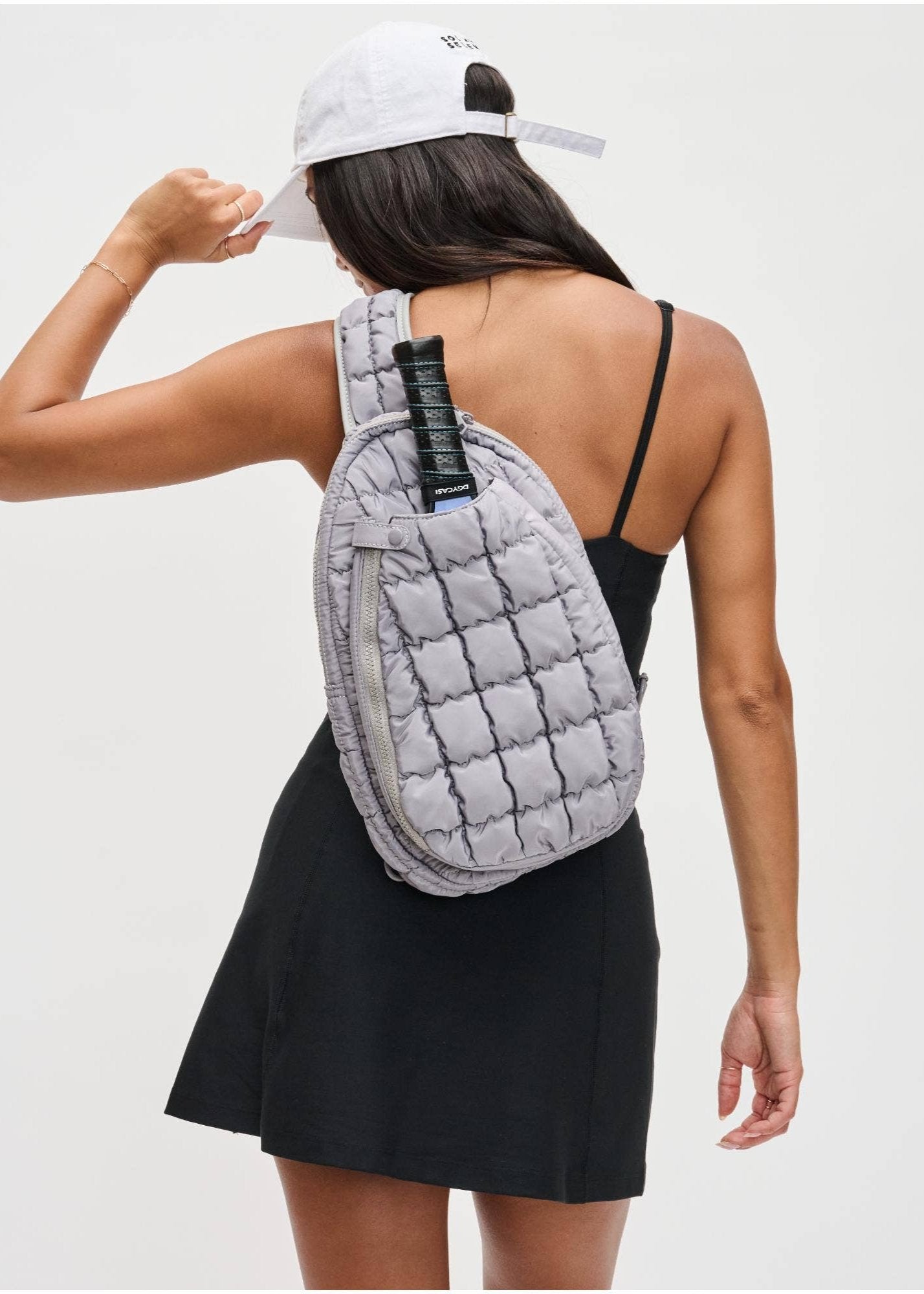 Match Point Quilted Puffer Nylon Pickleball Sling Backpack in Grey