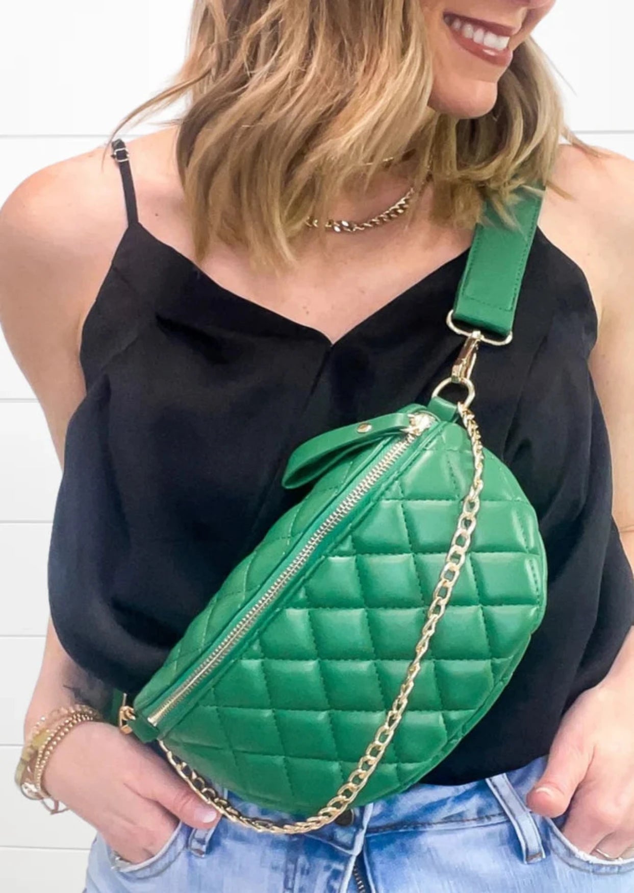 Green Quilted Faux Leather Shoulder Belt Bag