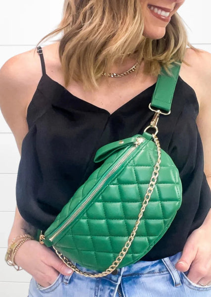 Green Quilted Faux Leather Shoulder Belt Bag