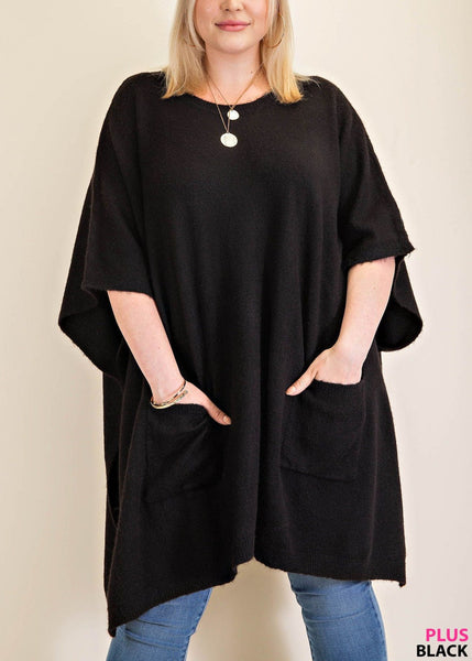 Plus Size Classic Oversized Round Neck Poncho Sweater in Black