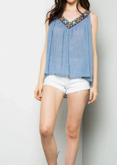 Chambray Top with Embroidered V-neckline ~FINAL SALE