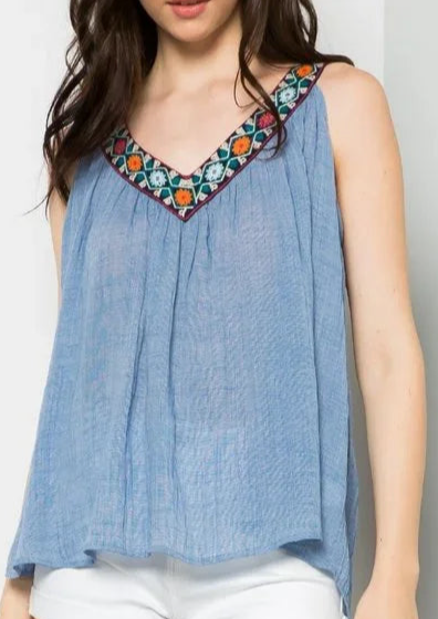 Chambray Top with Embroidered V-neckline ~FINAL SALE