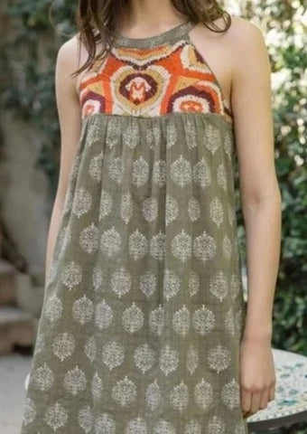 THML Halter Neck Embroidered Yoke Dress
