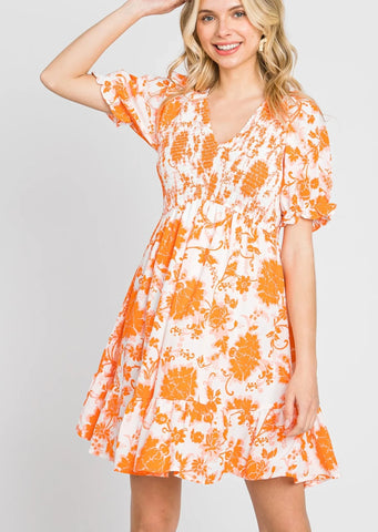 Orange Floral Smocked Puff Sleeve Dress