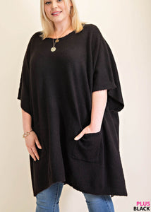 Plus Size Classic Oversized Round Neck Poncho Sweater in Black