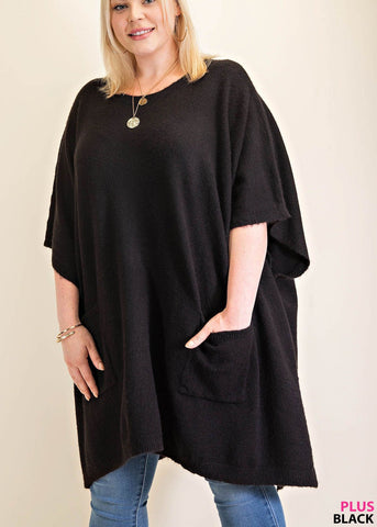 Plus Size Classic Oversized Round Neck Poncho Sweater in Black