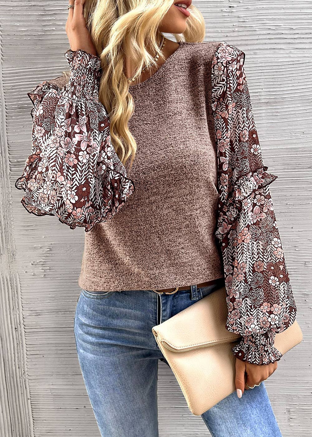 Floral Ruffle Tiered Sleeve Blouse in Pale Chestnut