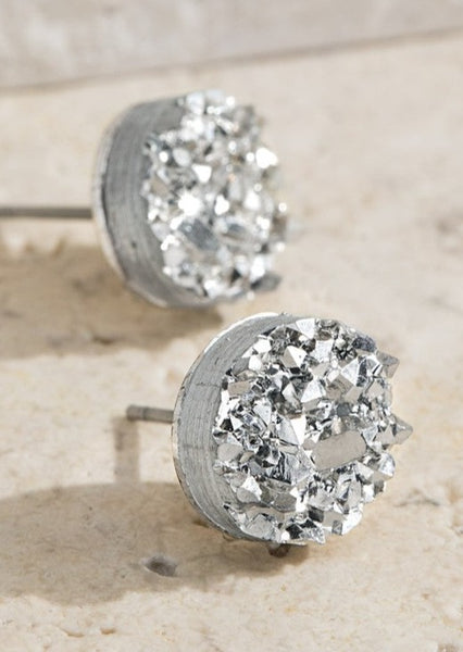 Elegant Round Faux Drusy Silver Stud Earrings